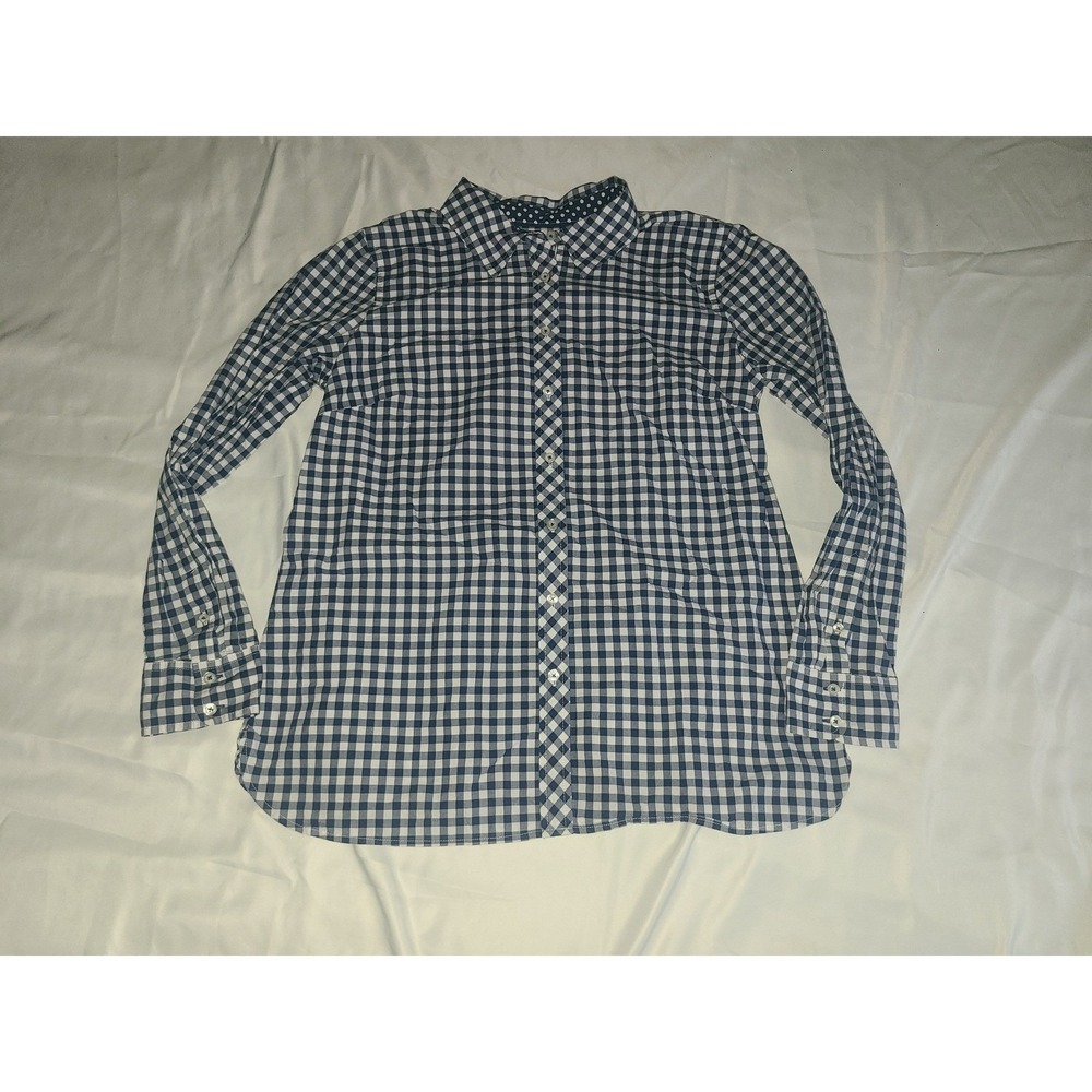 Talbots Womens Blue White Gingham Check Button Down Shirt Polka Dot Trim Medium